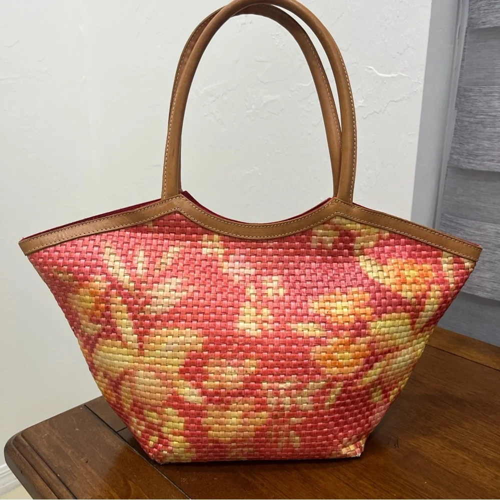 Nordstrom Tote‎ Bag Womens Medium Pink Orange  Woven Made In Italy Leather Trim